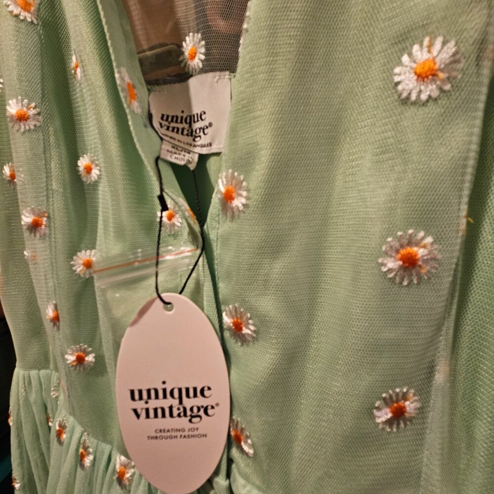 Unique Vintage Mint Green Embroidered Tulle Midi Dress - Picture 3 of 5